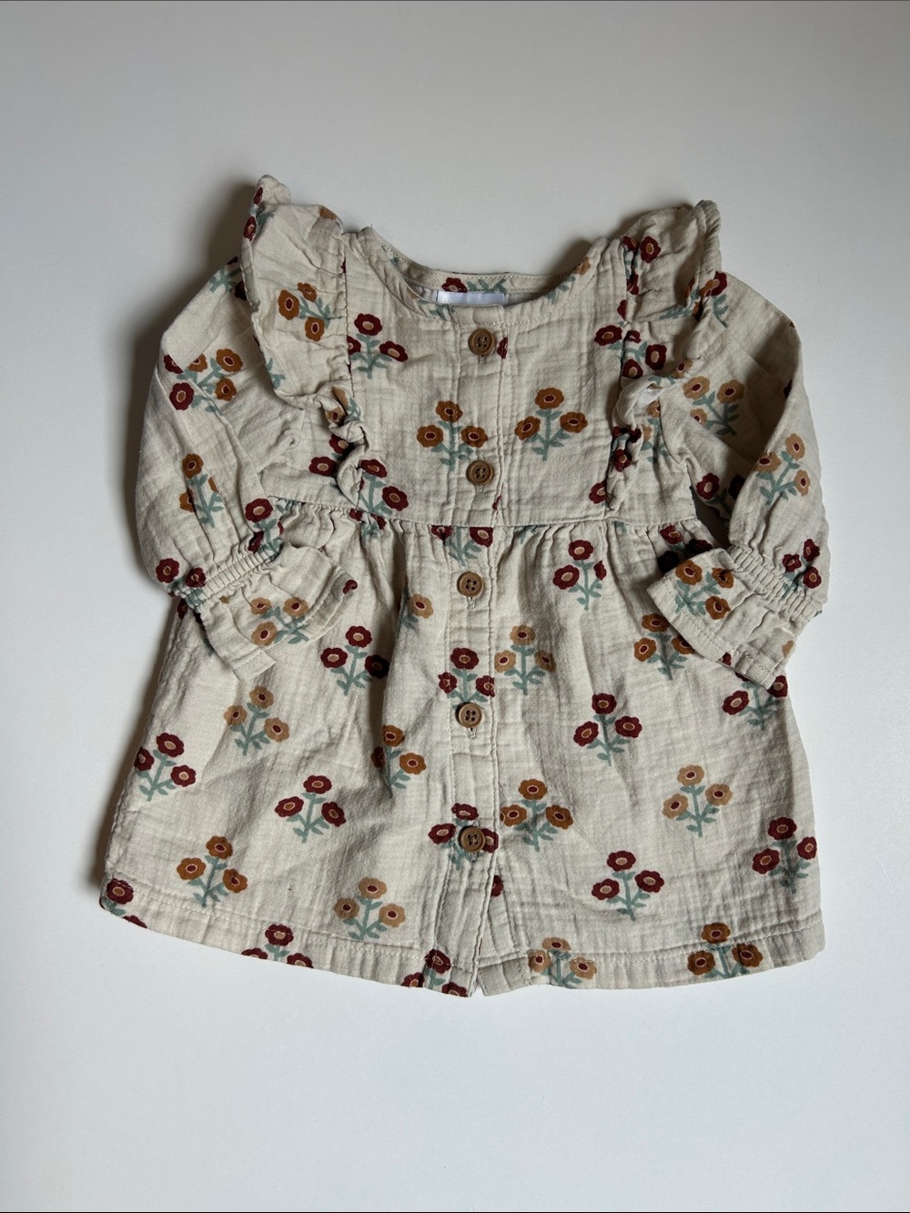 Cream Floral Button-Front Kids Dress